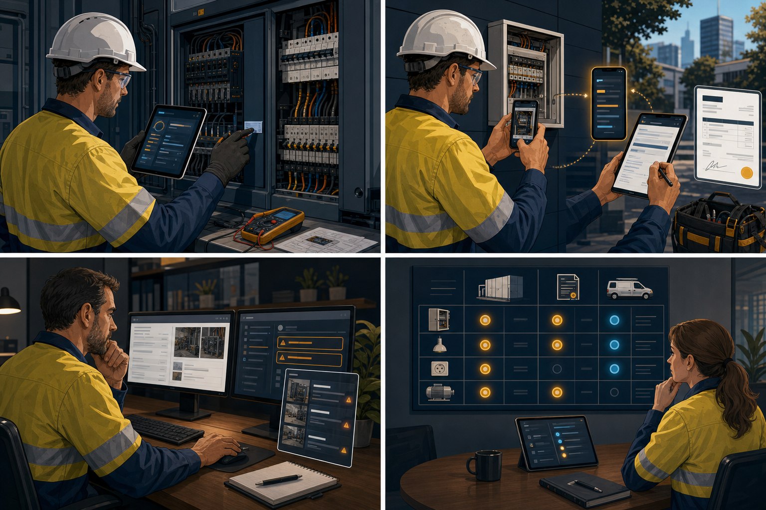 Electrician checking a commercial switchboard with test equipment and an ELECTRICAL HQ tablet assistant.